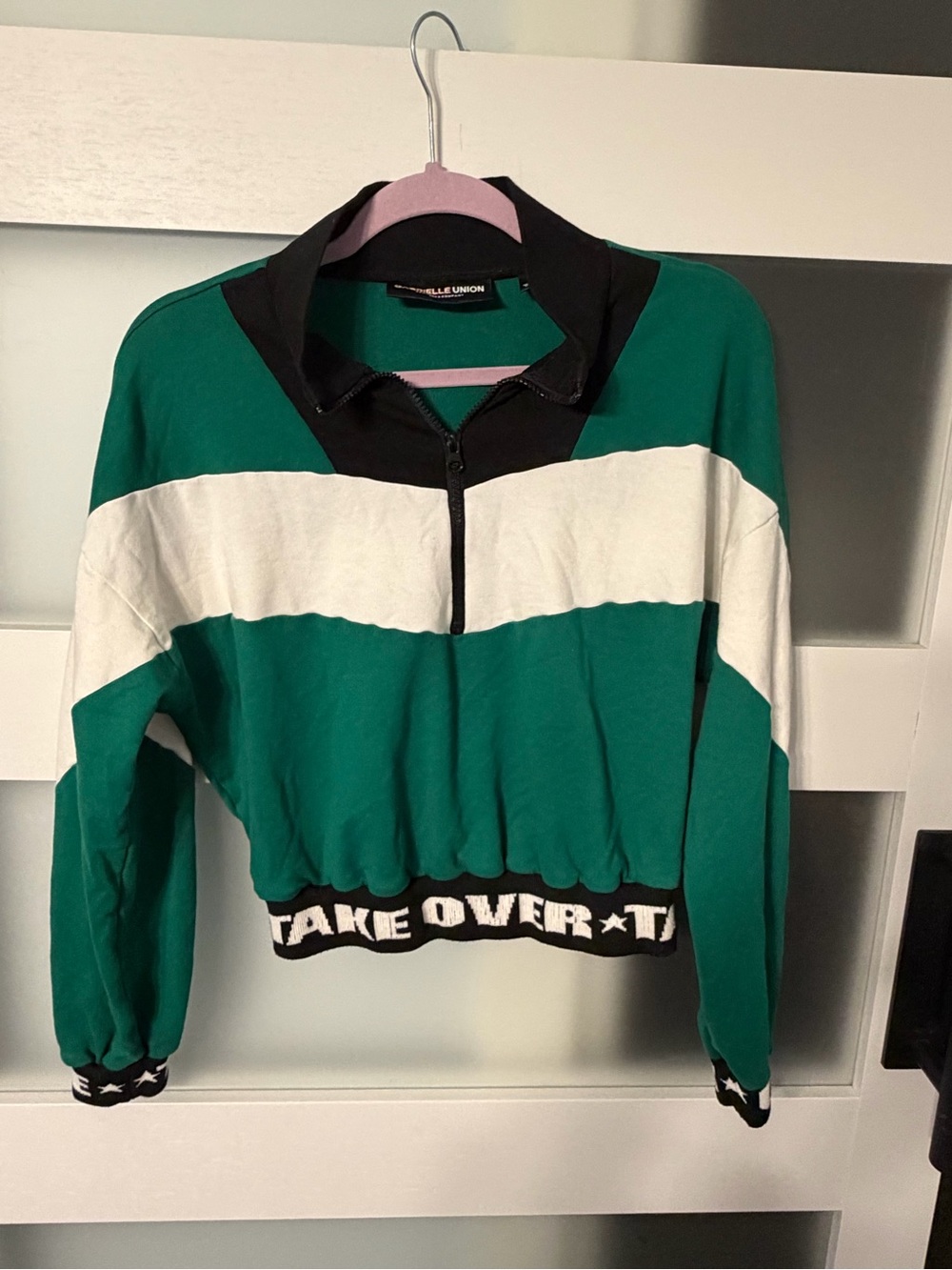 Crewneck Zip Pullover Sweater - Green & White